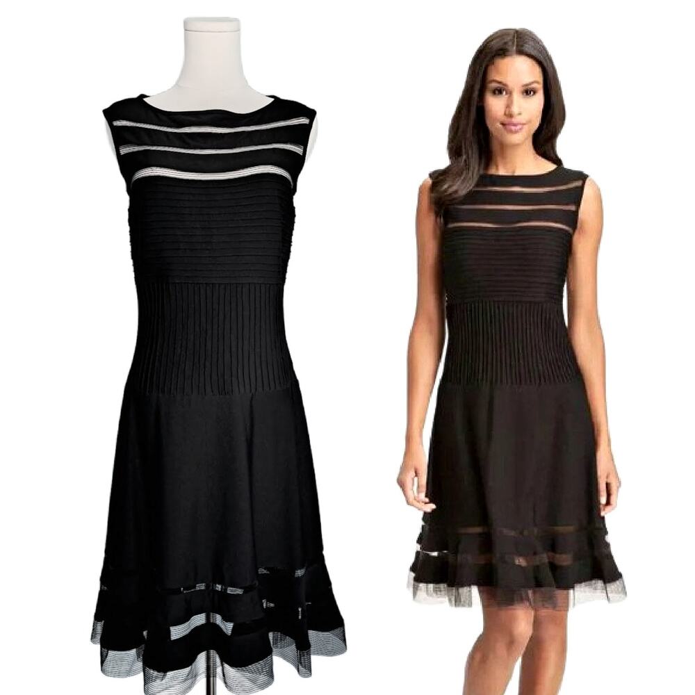 TADASHI SHOJI Black Mesh Cutout Cocktail Dress Small Sleeveless Knee-length
